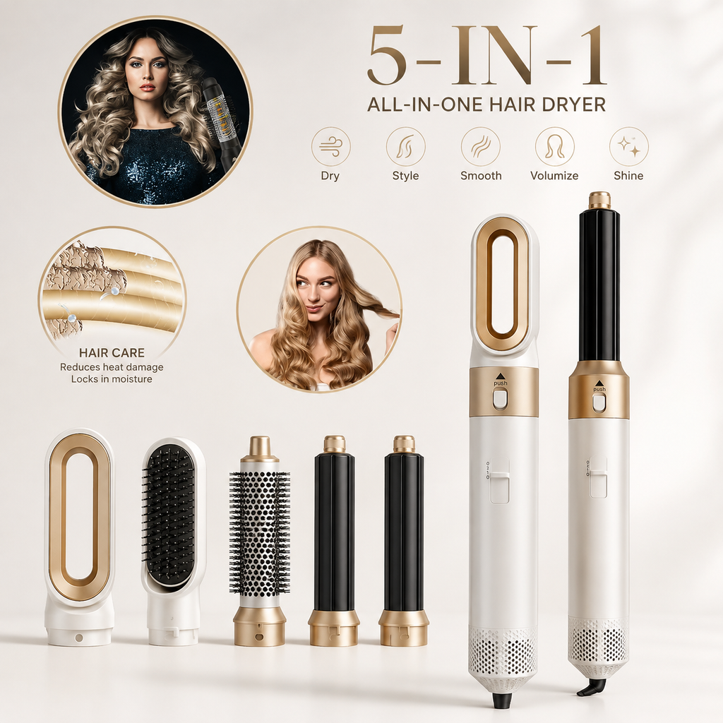 5-in-1 Hair Dryer Brush & Styler - Blow Dry, Curl, Straighten & Volumize in One Tool - Alurani